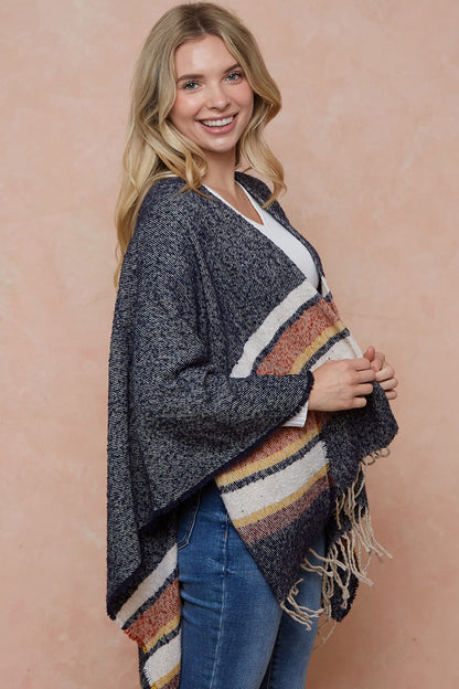 Sweater Shawl Wrap With Multi Stripe Pattern