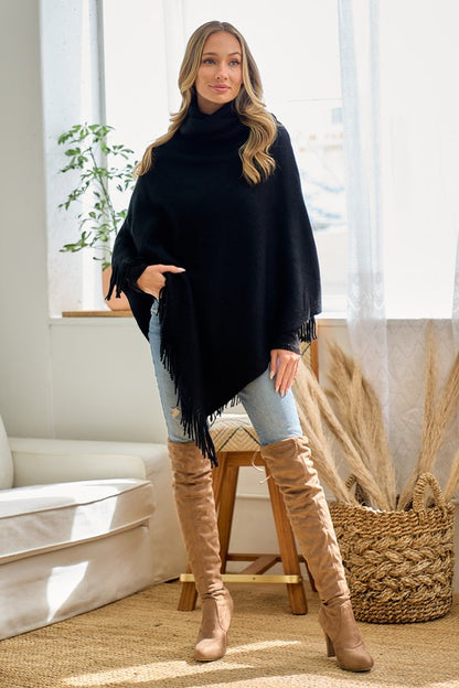 Cozy Sweater Cowl Neck Poncho With Fringe Trim