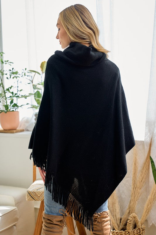 Cozy Sweater Cowl Neck Poncho With Fringe Trim