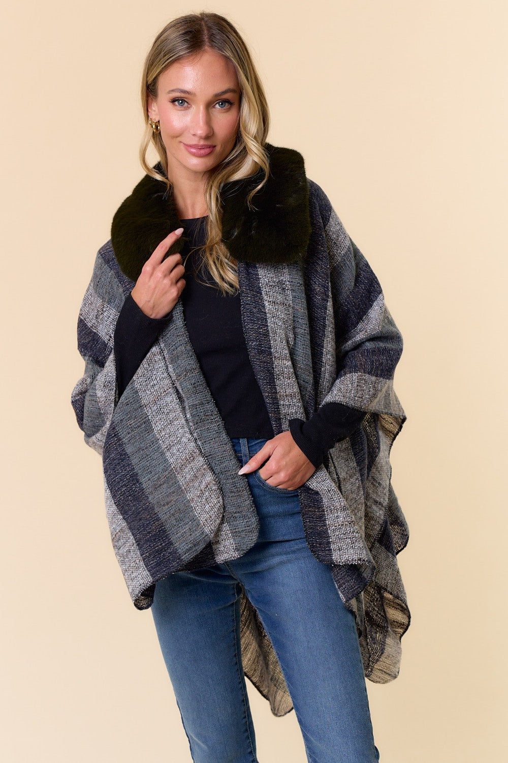 Faux Fur Trim Stripe Shawl Wrap