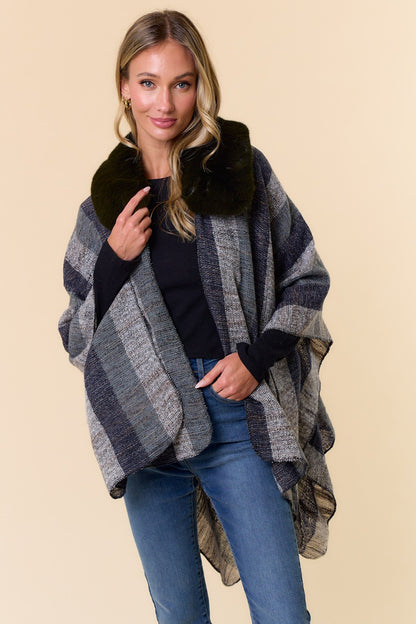 Faux Fur Trim Stripe Shawl Wrap