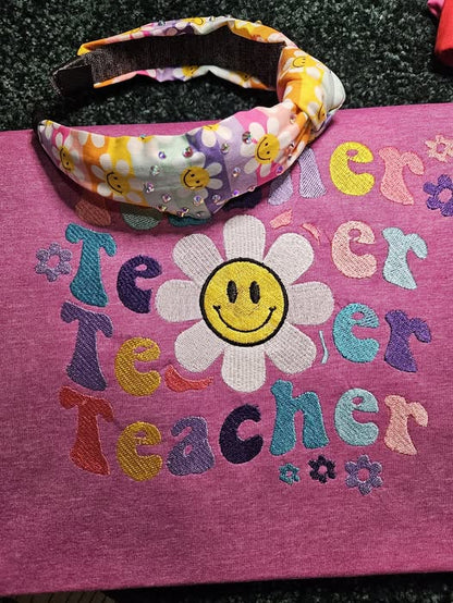 Teacher Smiley Flower Embroidered